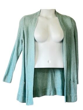 Talbots Linen Open Cardigan Long Length Long Sleeves Aqua Color Open Knit  1XP